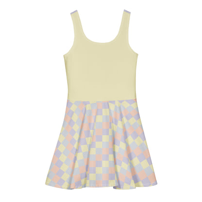 Pastel print skater dress in Lemon Icing, Nimbus Cloud, Peach Dust, and Orchid Tint color panels, front view