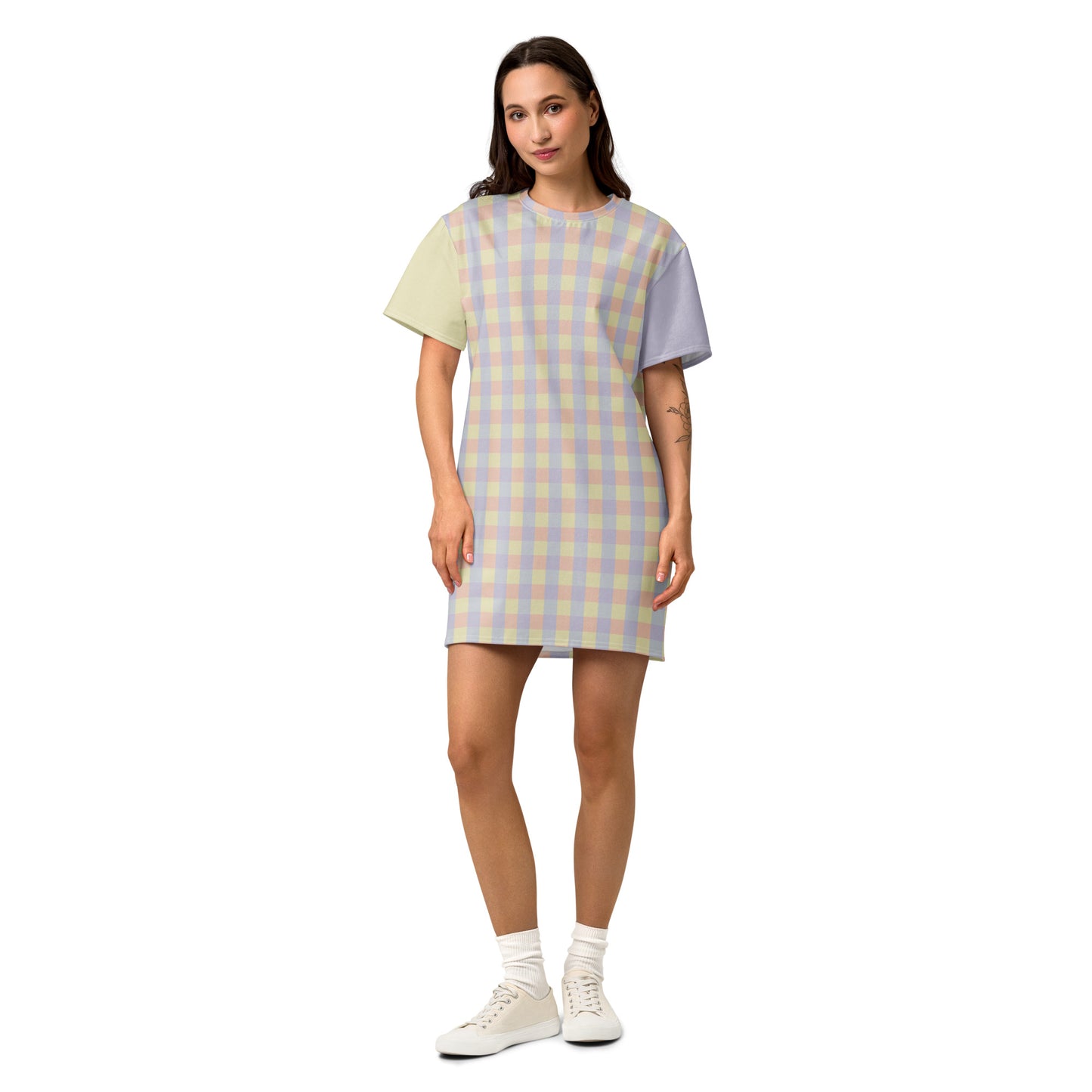 Just Color cotton t-shirt dress in pastel colorblock — Lemon Icing, Nimbus Cloud, Peach Dust, and Orchid Tint all-over print, front view
