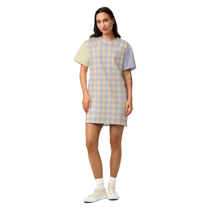 Just Color cotton t-shirt dress in pastel colorblock — Lemon Icing, Nimbus Cloud, Peach Dust, and Orchid Tint all-over print, front view