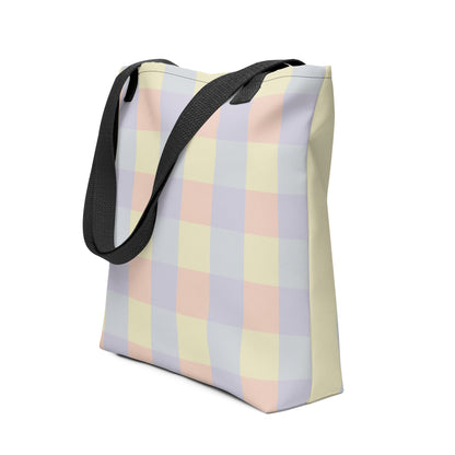 Just Color tote bag with pastel colorblock all-over print — Lemon Icing, Nimbus Cloud, Peach Dust, and Orchid Tint, cotton bull denim handles