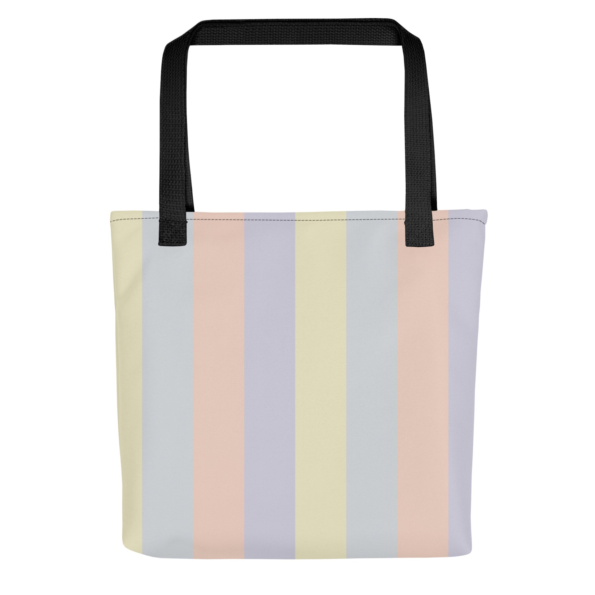 Pastel abstract print tote bag in soft yellow, lavender, peach, and grey color panels, natural cotton handles