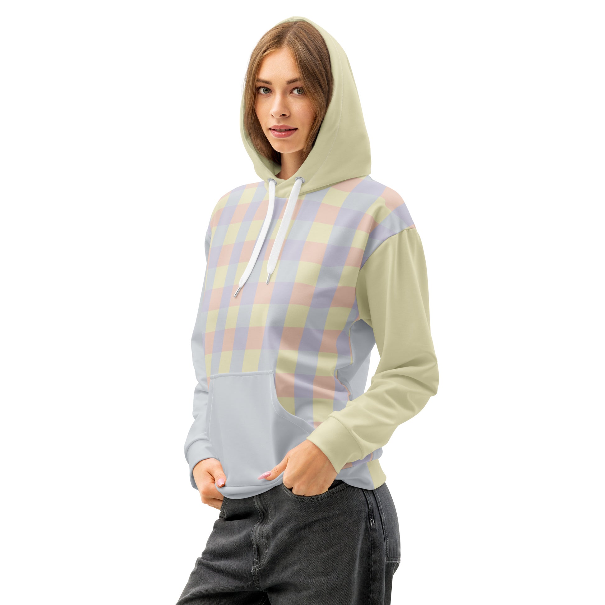 Just Color unisex cotton hoodie with pastel colorblock all-over print — Lemon Icing, Nimbus Cloud, Peach Dust, and Orchid Tint
