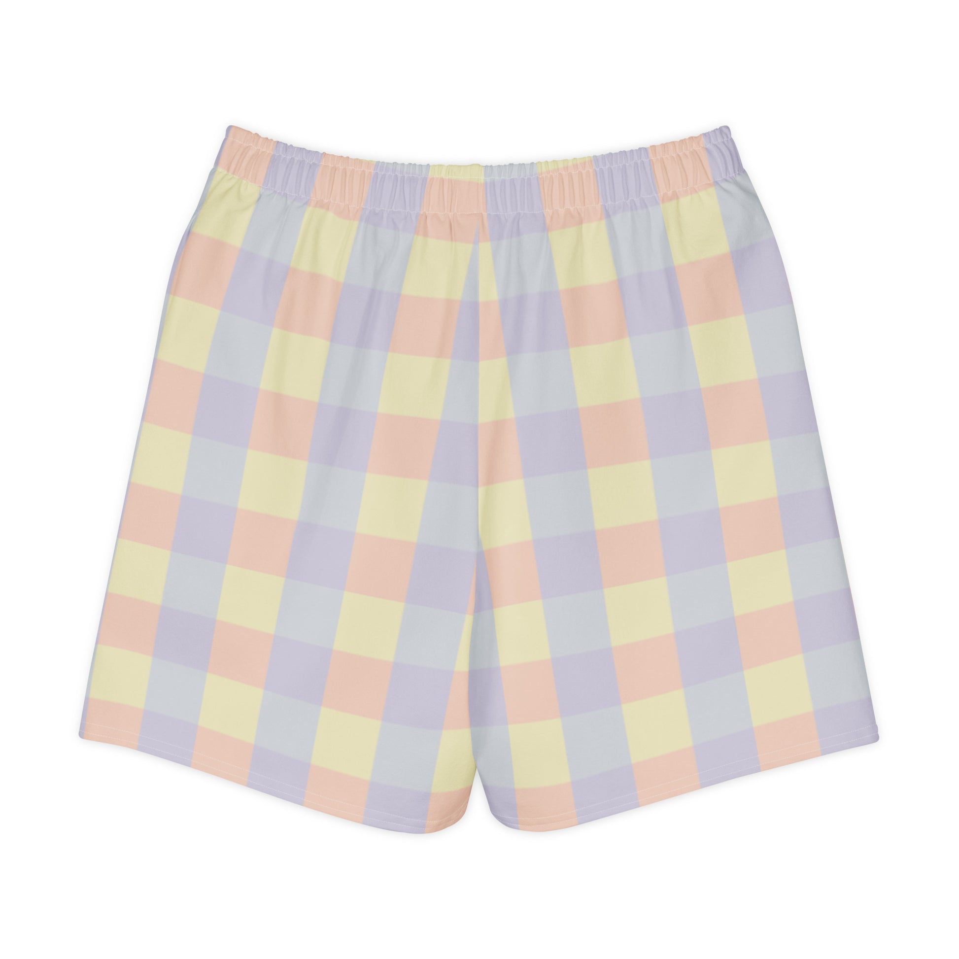 Long shorts in abstract pastel color panels, soft yellow, lavender, peach, and grey tones, relaxed unisex fit, back view.