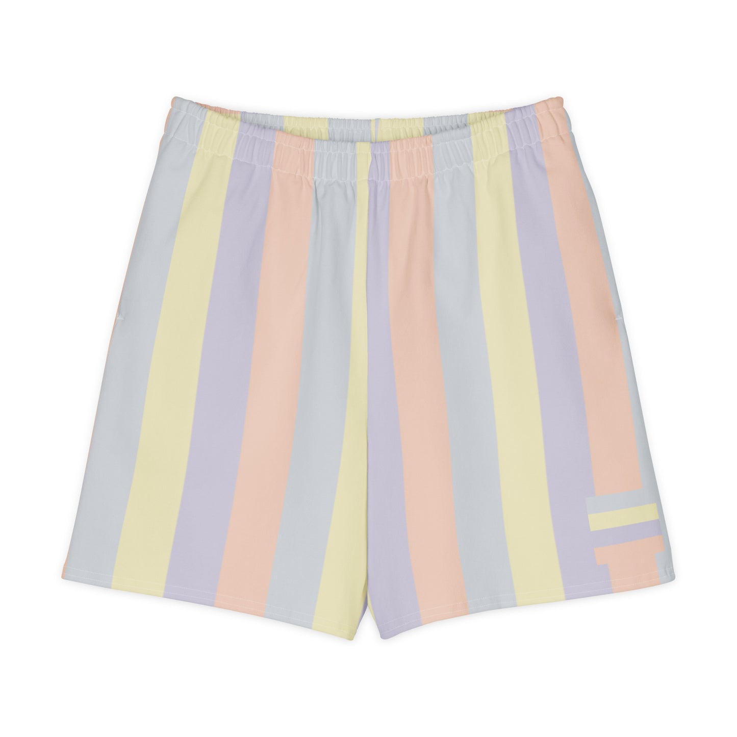 Long shorts in pastel color panels, soft yellow, lavender, peach, and grey tones, relaxed unisex fit, front view.