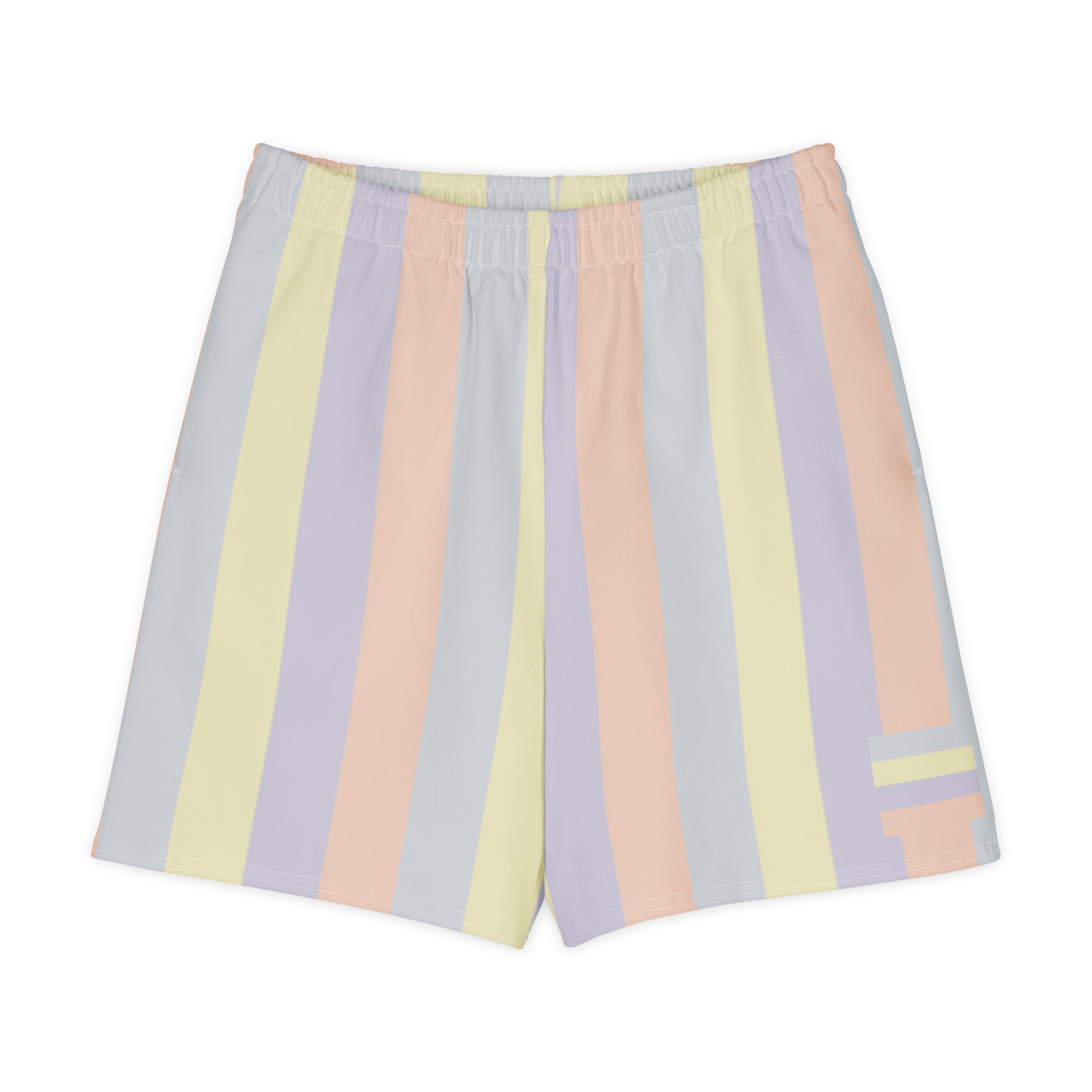 Long shorts in pastel color panels, soft yellow, lavender, peach, and grey tones, relaxed unisex fit, front view.