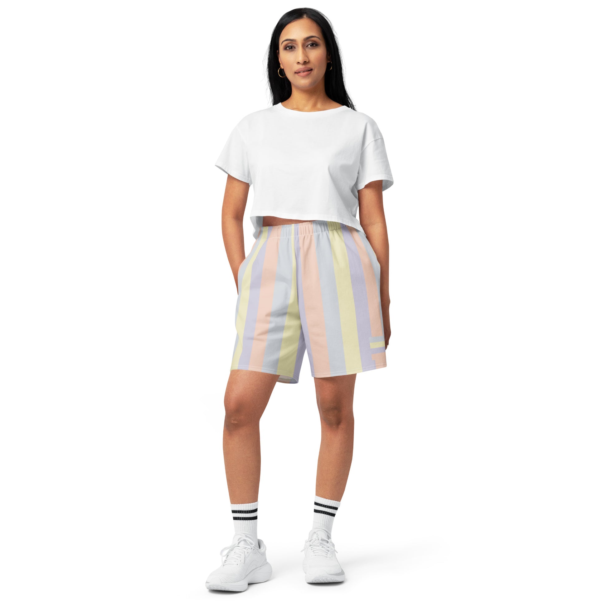 Unisex pastel print cotton long shorts, wearable color study collection, front  view