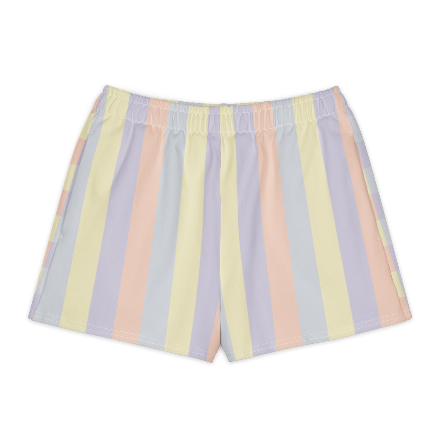 Just Color unisex cotton shorts with pastel colorblock all-over print — Lemon Icing, Nimbus Cloud, Peach Dust, and Orchid Tint