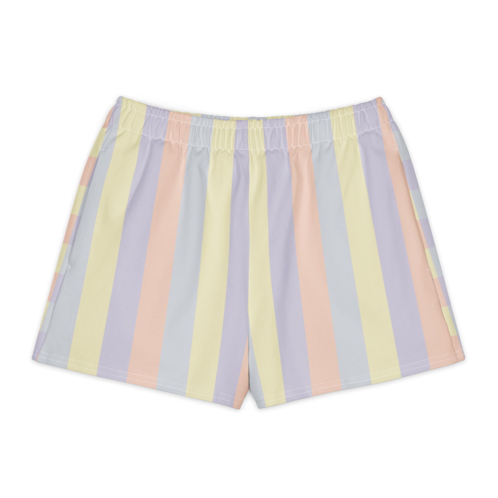 Just Color unisex cotton shorts with pastel colorblock all-over print — Lemon Icing, Nimbus Cloud, Peach Dust, and Orchid Tint