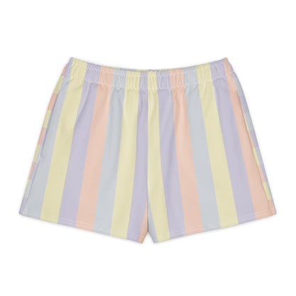 Just Color unisex cotton shorts with pastel colorblock all-over print — Lemon Icing, Nimbus Cloud, Peach Dust, and Orchid Tint