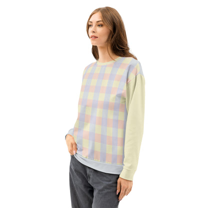 Just Color unisex cotton sweatshirt with pastel colorblock all-over print — Lemon Icing, Nimbus Cloud, Peach Dust, and Orchid Tint. Front View.