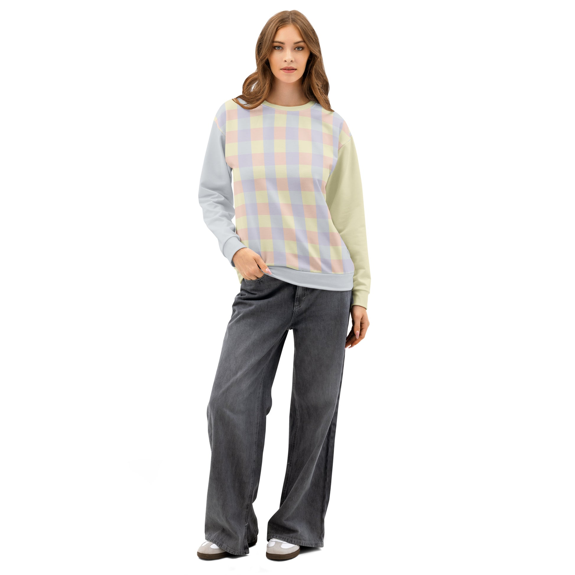 Relaxed fit drop-shoulder sweatshirt with abstract pastel color panel print in soft yellow, lavender, peach, and grey