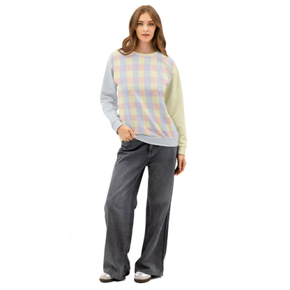 Relaxed fit drop-shoulder sweatshirt with abstract pastel color panel print in soft yellow, lavender, peach, and grey