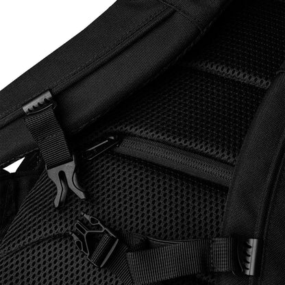Just Color all-over print utility backpack, wearable color study collection, back view