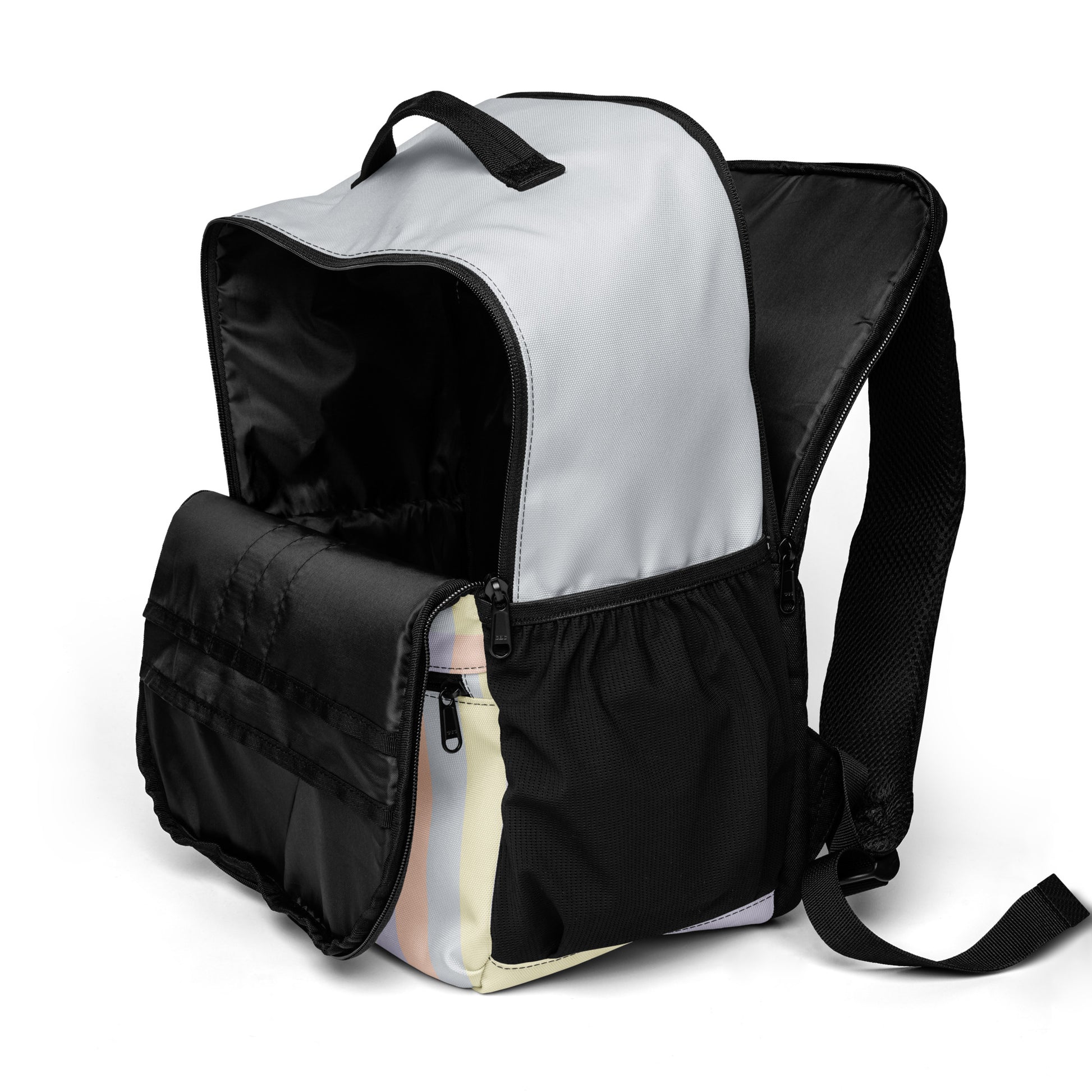 Pastel abstract print utility backpack with multiple pockets and laptop compartment, soft yellow, lavender, peach, and grey color panels