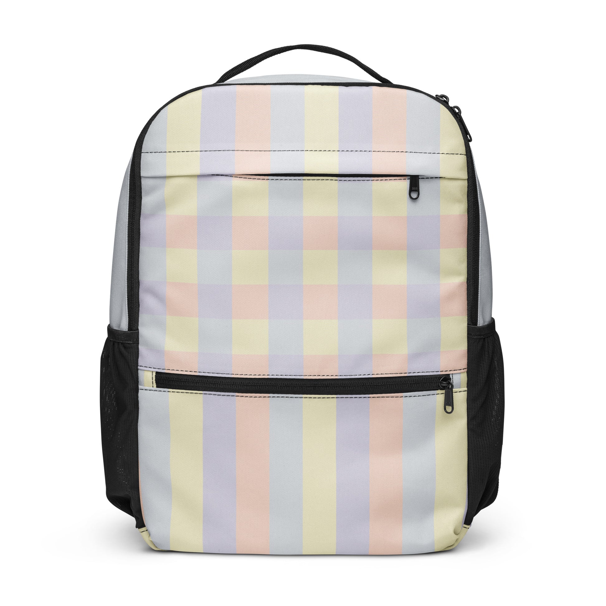 Just Color all-over print utility backpack, wearable color study collection, front view