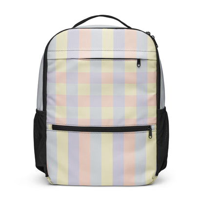 Just Color all-over print utility backpack, wearable color study collection, front view