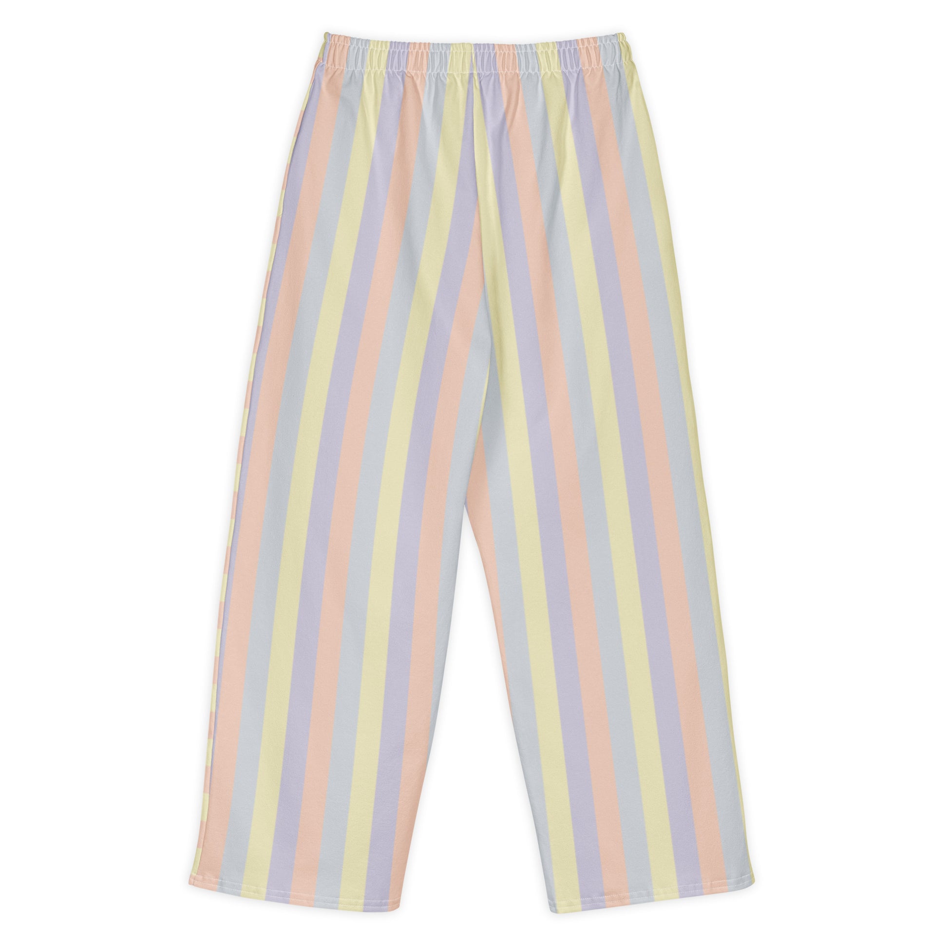 All-over print wide-leg cotton pants in pastel color panels, soft yellow, lavender, peach, and grey tones. Back View.