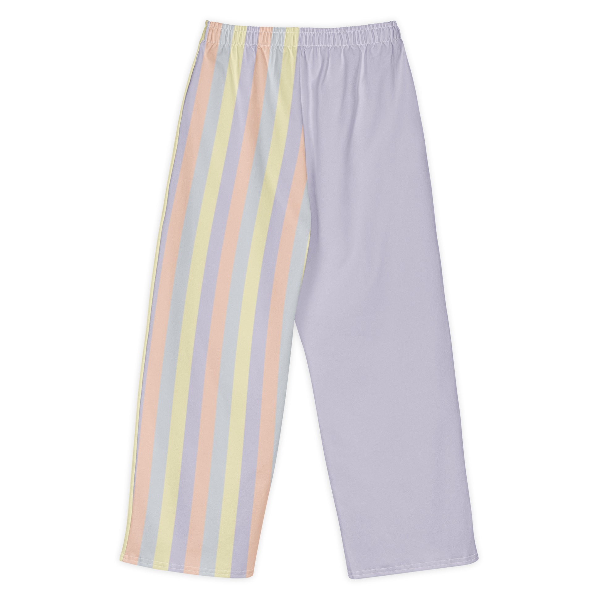 wide-leg cotton pants in pastel color panels, soft yellow, lavender, peach, and grey tones. Back View