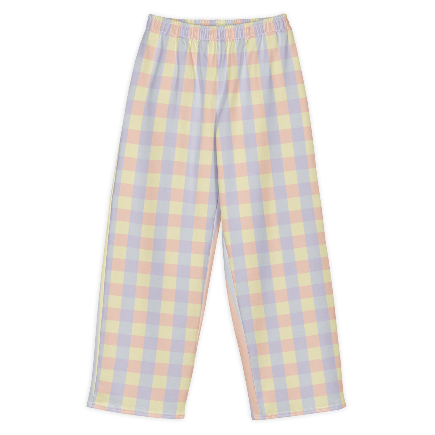 Just Color unisex wide-leg pants with pastel colorblock all-over print — Lemon Icing, Nimbus Cloud, Peach Dust, and Orchid Tint. Front View