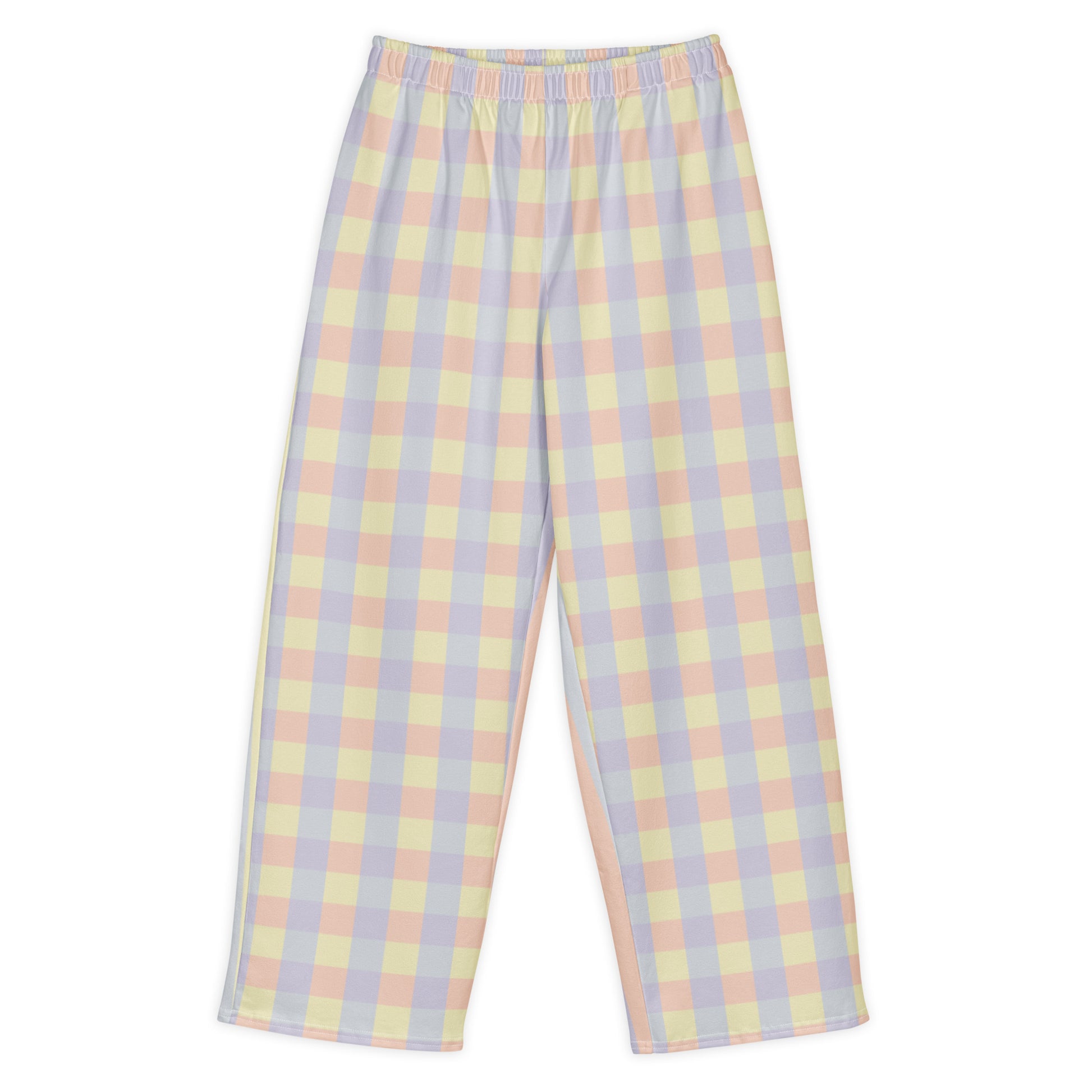 Just Color unisex wide-leg pants with pastel colorblock all-over print — Lemon Icing, Nimbus Cloud, Peach Dust, and Orchid Tint. Front View