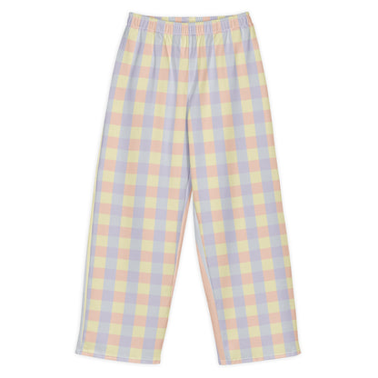 Just Color unisex wide-leg pants with pastel colorblock all-over print — Lemon Icing, Nimbus Cloud, Peach Dust, and Orchid Tint. Front View