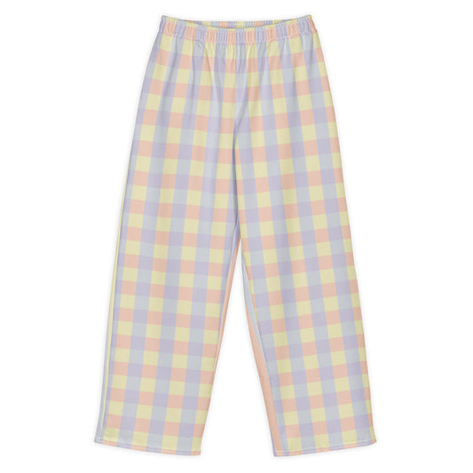 Just Color unisex wide-leg pants with pastel colorblock all-over print — Lemon Icing, Nimbus Cloud, Peach Dust, and Orchid Tint. Front View