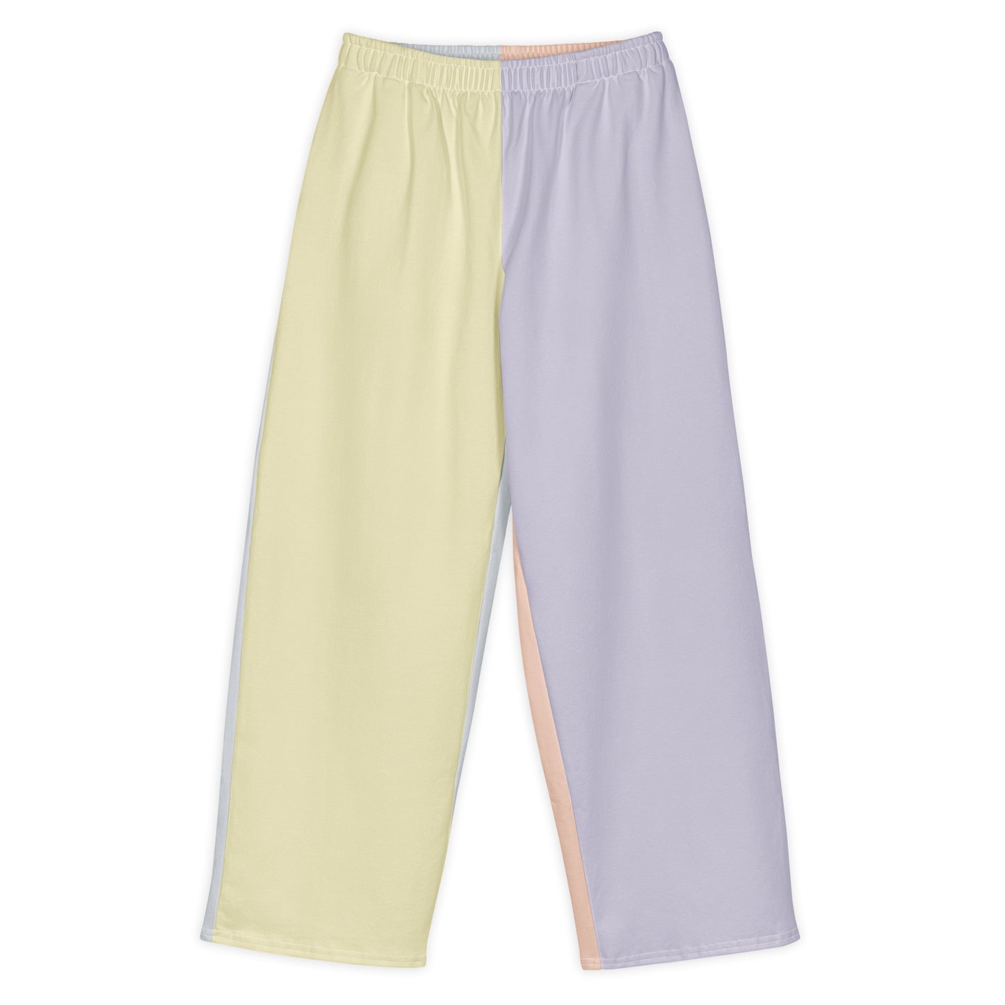 Unisex pastel print wide-leg pants with adjustable waist, wearable color study collection. Front View.
