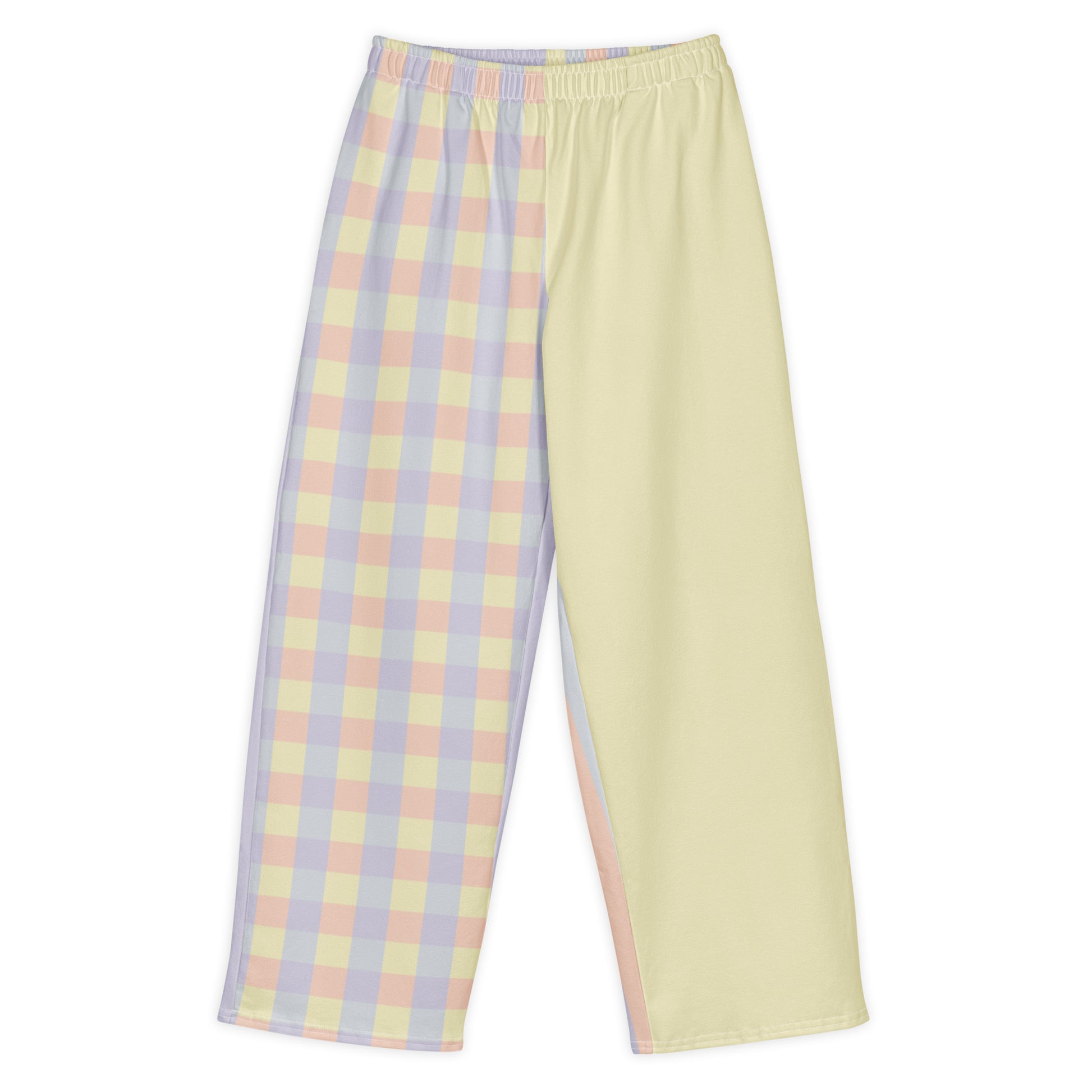 Just Color unisex wide-leg pants with pastel colorblocks— Lemon Icing, Nimbus Cloud, Peach Dust, and Orchid Tint. Front View.