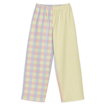 Just Color unisex wide-leg pants with pastel colorblocks— Lemon Icing, Nimbus Cloud, Peach Dust, and Orchid Tint. Front View.