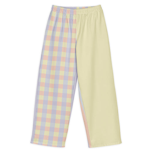 Just Color unisex wide-leg pants with pastel colorblocks— Lemon Icing, Nimbus Cloud, Peach Dust, and Orchid Tint. Front View.