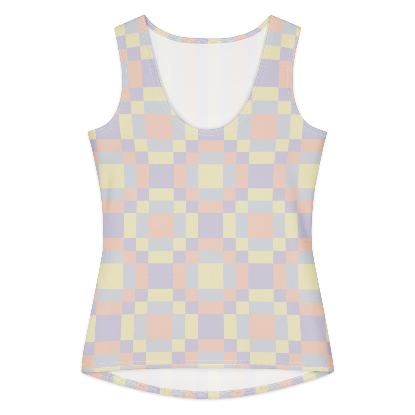 Form-fitting pastel tank top with abstract color panel print in soft yellow, lavender, peach, and grey tones, front view
