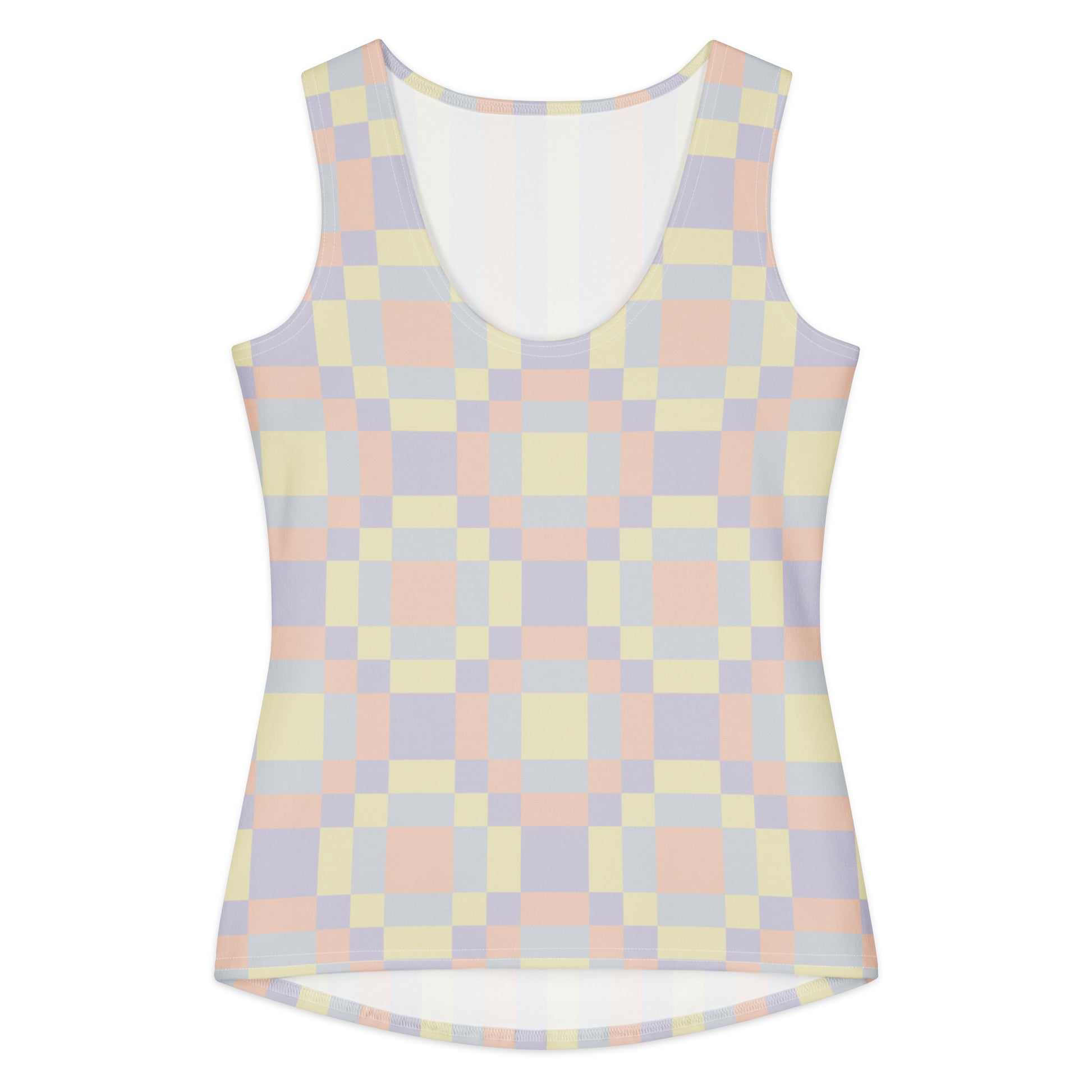 Form-fitting pastel tank top with abstract color panel print in soft yellow, lavender, peach, and grey tones, front view