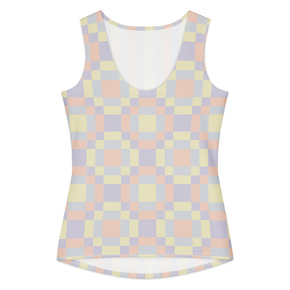 Form-fitting pastel tank top with abstract color panel print in soft yellow, lavender, peach, and grey tones, front view