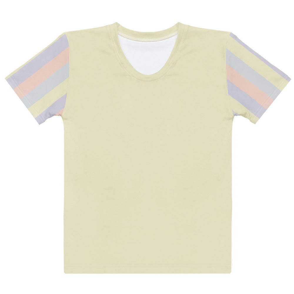 Just Color women's cotton crew neck t-shirt in pastel colorblock — Lemon Icing, Nimbus Cloud, Peach Dust, and Orchid Tint. Front view.