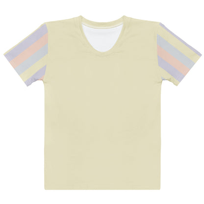 Just Color women's cotton crew neck t-shirt in pastel colorblock — Lemon Icing, Nimbus Cloud, Peach Dust, and Orchid Tint. Front view.