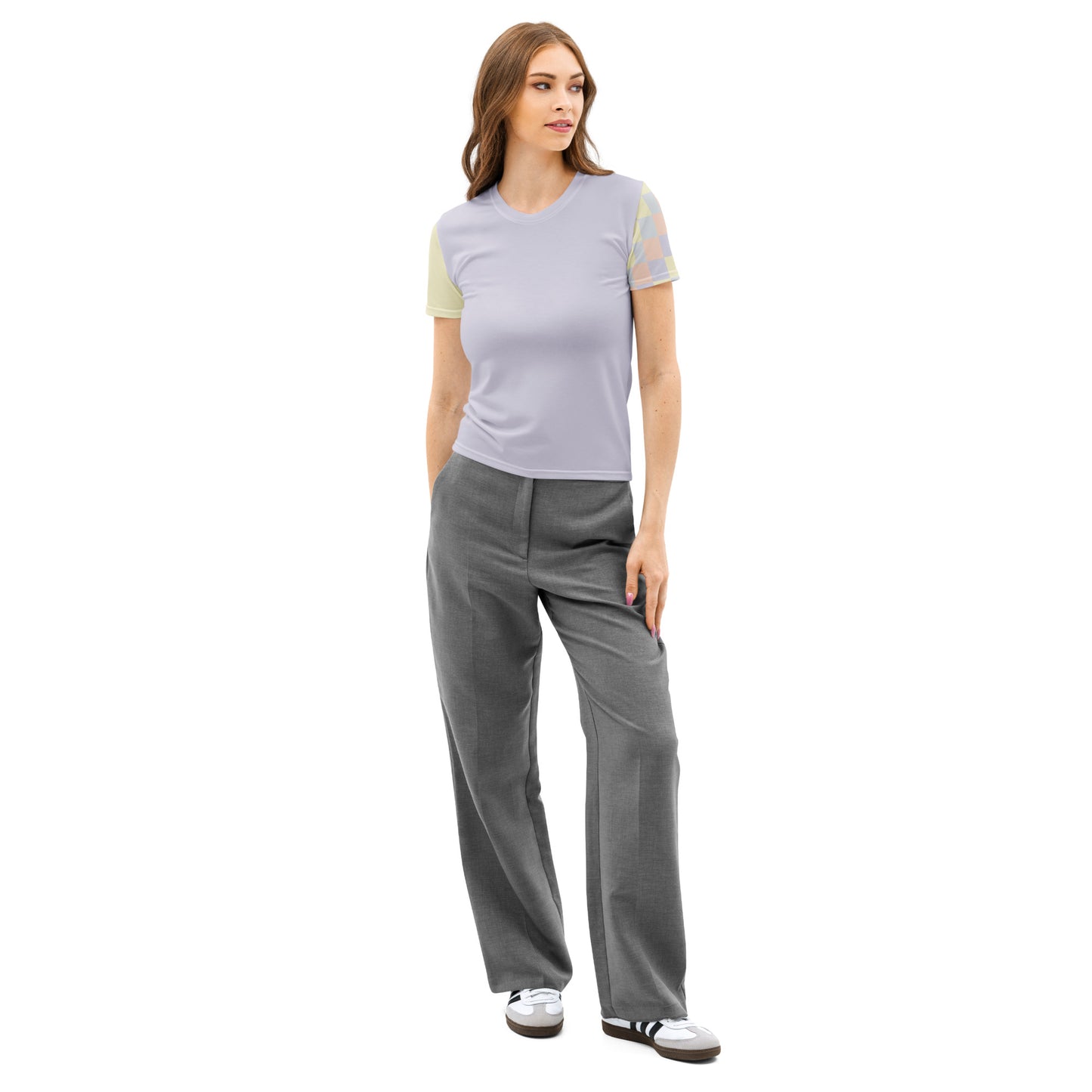 Just Color women's cotton crew neck t-shirt in pastel colorblock — Lemon Icing, Nimbus Cloud, Peach Dust, and Orchid Tint