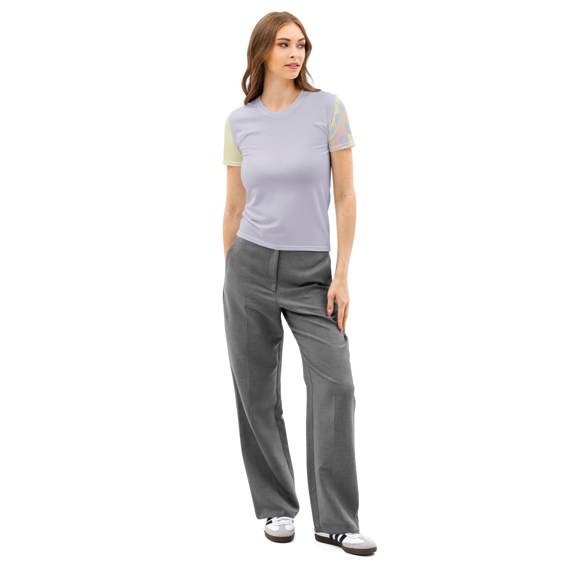 Just Color women's cotton crew neck t-shirt in pastel colorblock — Lemon Icing, Nimbus Cloud, Peach Dust, and Orchid Tint