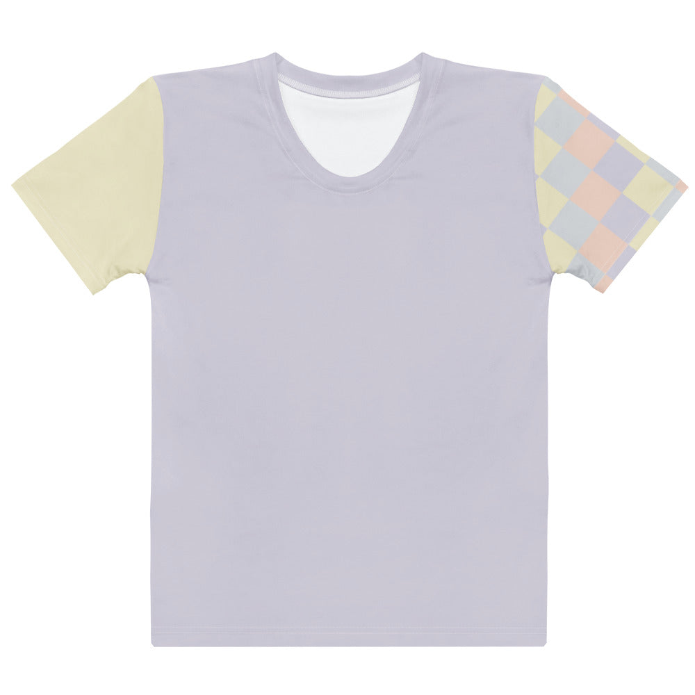 All-over print pastel t-shirt for women, color-blocked design in soft yellow, lavender, peach, and grey tones, front view
