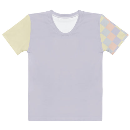 All-over print pastel t-shirt for women, color-blocked design in soft yellow, lavender, peach, and grey tones, front view