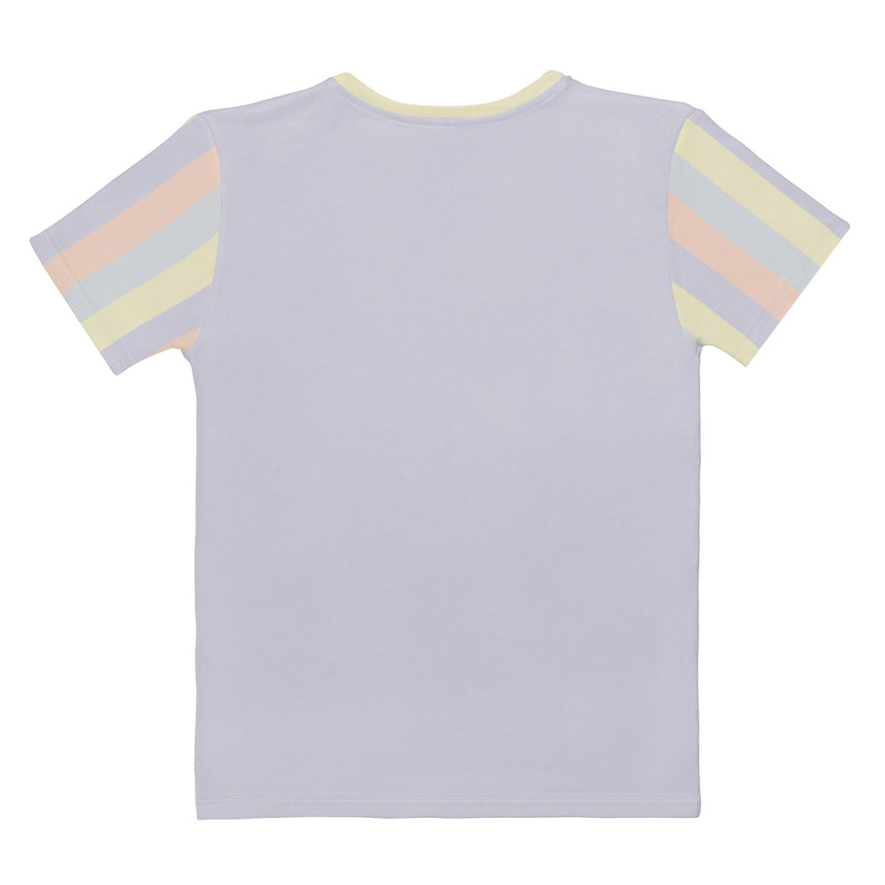 All-over print pastel t-shirt for women, color-blocked design in soft yellow, lavender, peach, and grey tones. Back view.