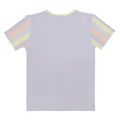 All-over print pastel t-shirt for women, color-blocked design in soft yellow, lavender, peach, and grey tones. Back view.