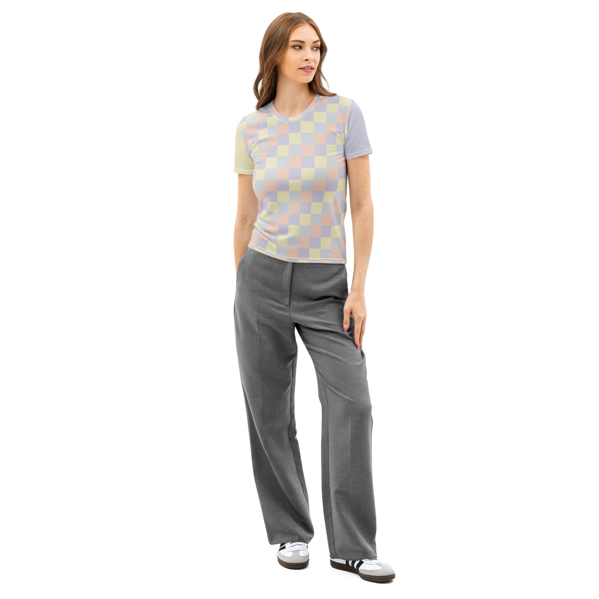 Just Color women's cotton crew neck t-shirt in pastel colorblock — Lemon Icing, Nimbus Cloud, Peach Dust, and Orchid Tint