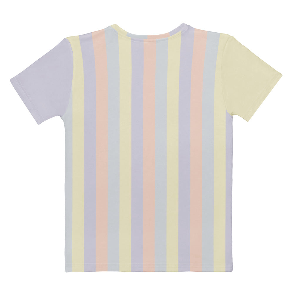 Women's regular fit cotton tee with abstract pastel color panel design,  back view