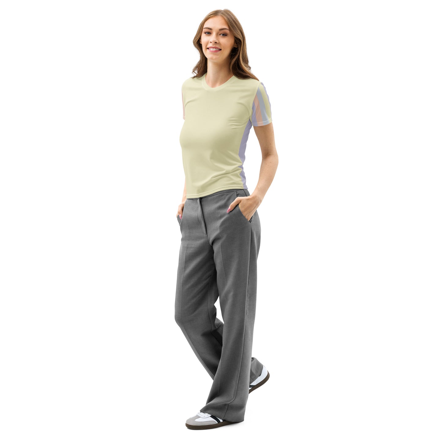 Women's regular fit cotton tee with abstract pastel color panel design, front  view.