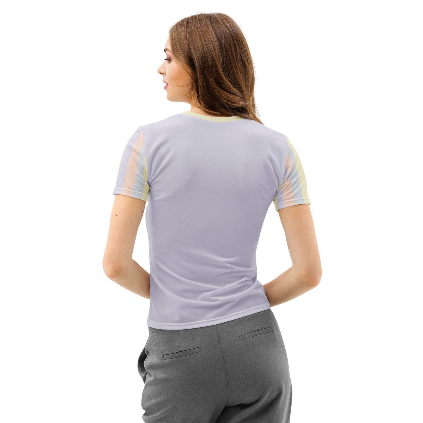 Women's regular fit cotton tee with abstract pastel color panel design, back view
