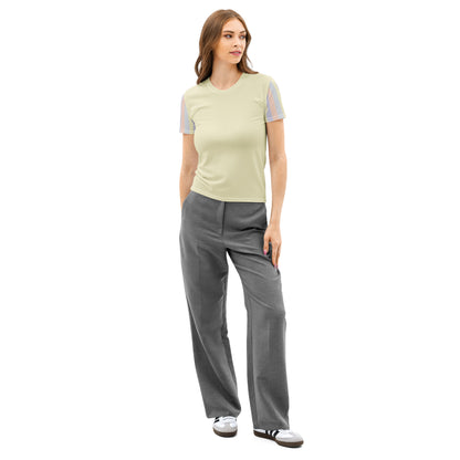 All-over print pastel t-shirt for women, color-blocked design — Lemon Icing, Nimbus Cloud, Peach Dust, and Orchid Tint, front  view