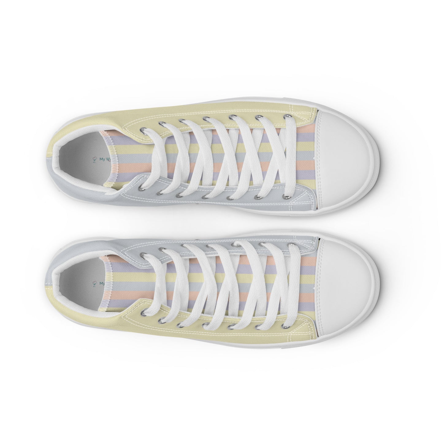 Pastel abstract print high top canvas sneakers with faux leather toe cap and matching laces, soft yellow, lavender, peach, and grey tones