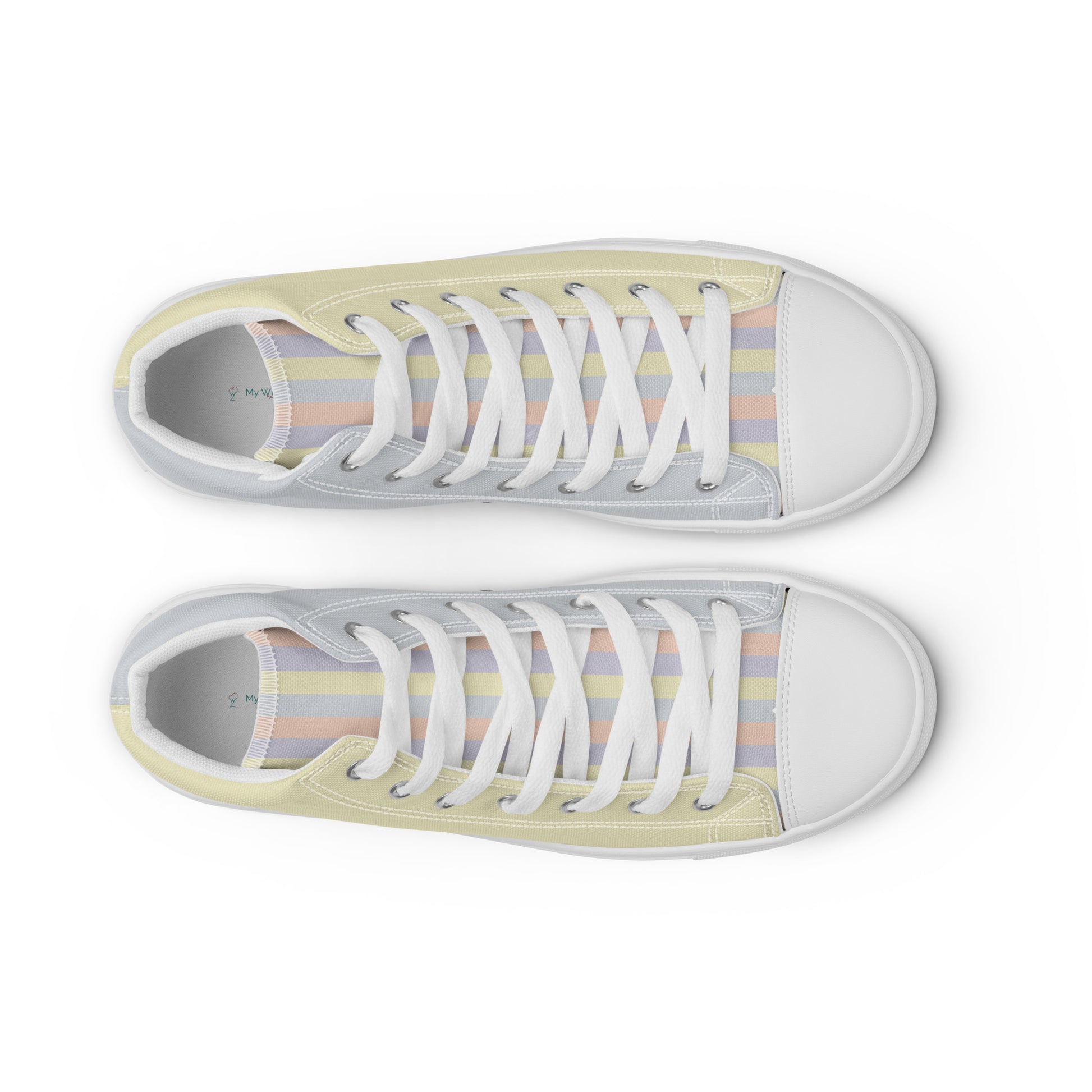 Pastel abstract print high top canvas sneakers with faux leather toe cap and matching laces, soft yellow, lavender, peach, and grey tones