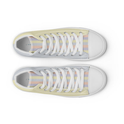 Pastel abstract print high top canvas sneakers with faux leather toe cap and matching laces, soft yellow, lavender, peach, and grey tones