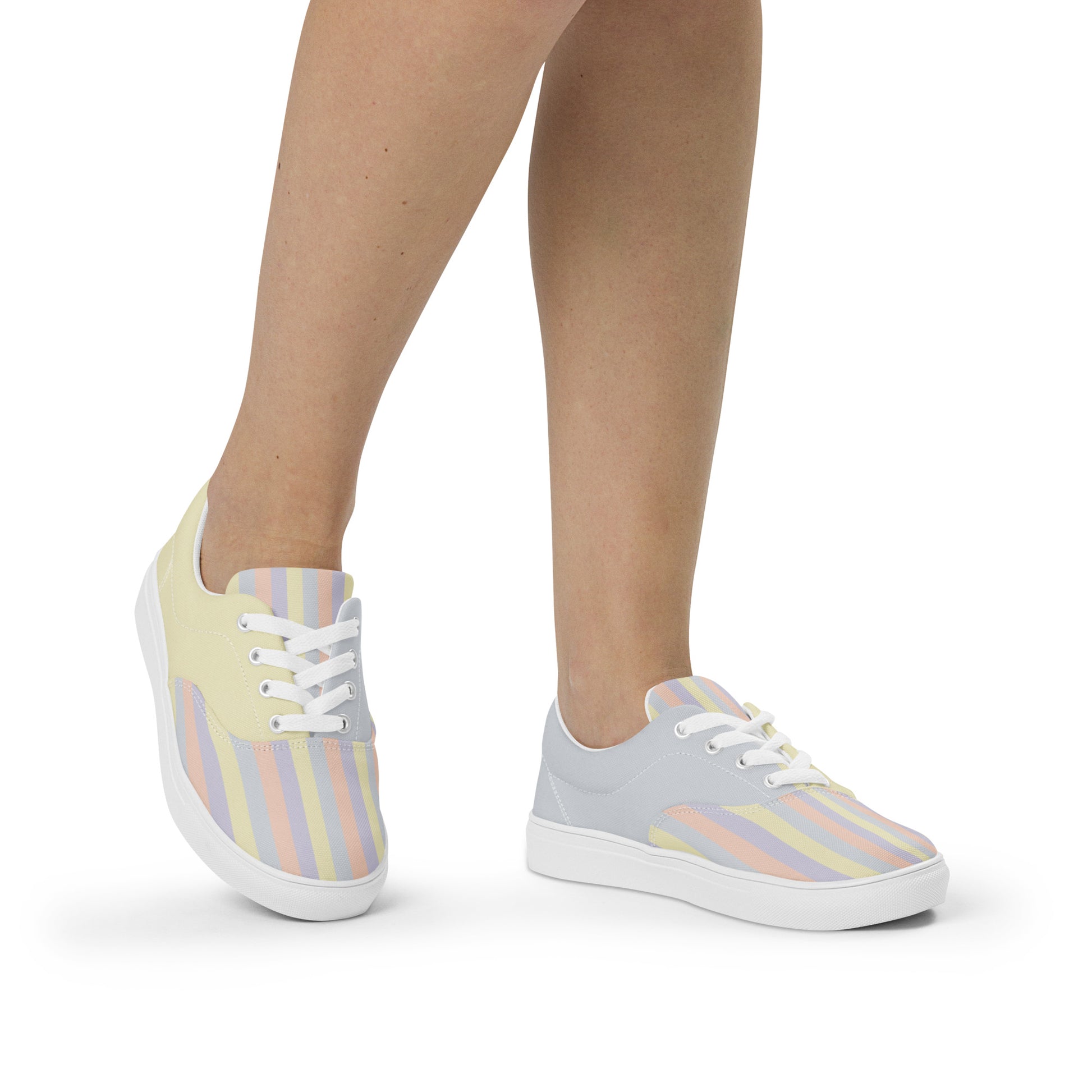 Just Color women's lace-up canvas shoes with pastel colorblock all-over print — Lemon Icing, Nimbus Cloud, Peach Dust, and Orchid Tint
